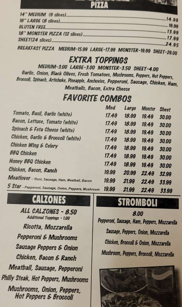 Page 1 of menu, A Pizza & More Cortland, NY