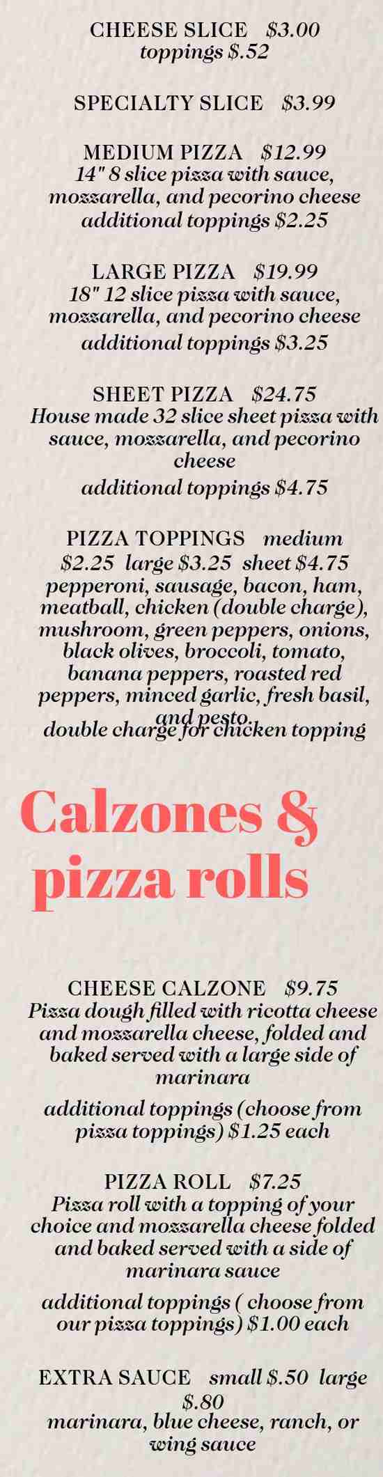 Page 1 of menu, Carrozza Pizza Company Dryden, NY