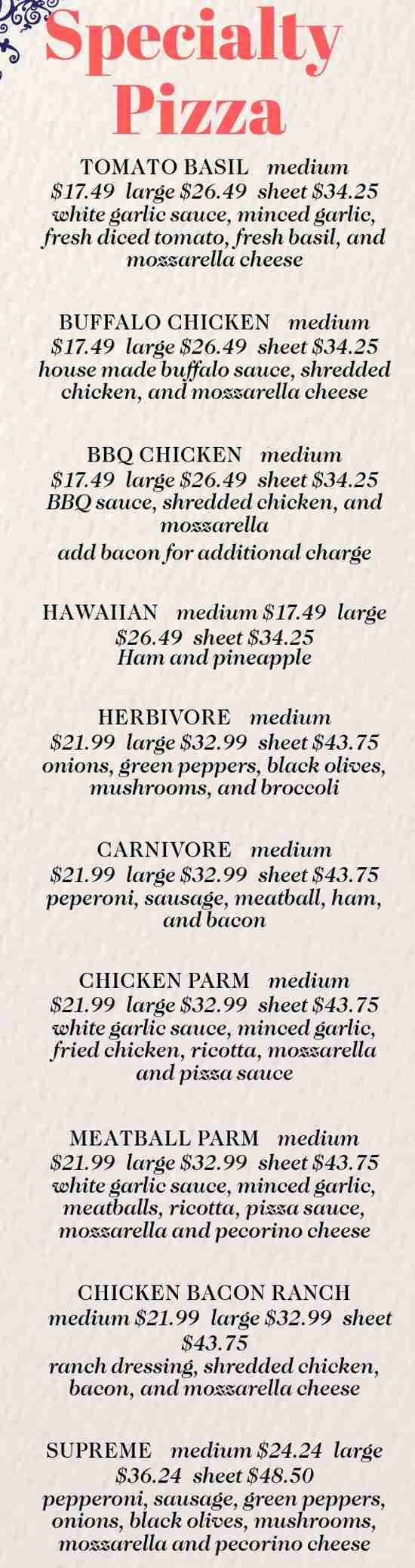 Page 2 of menu, Carrozza Pizza Company Dryden, NY