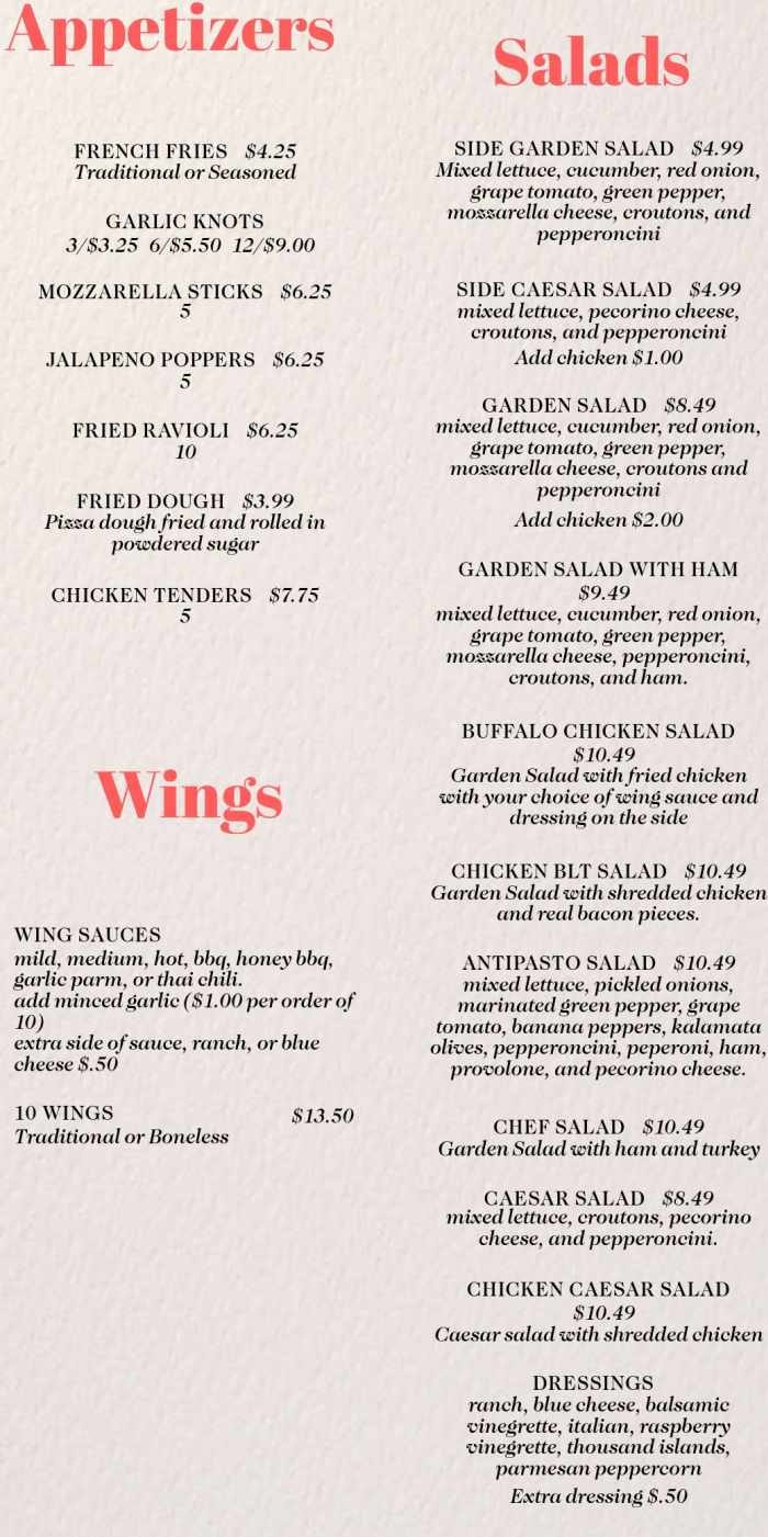 Page 3 of menu, Carrozza Pizza Company Dryden, NY