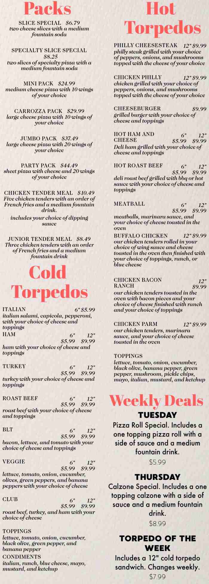 Page 4 of menu, Carrozza Pizza Company Dryden, NY