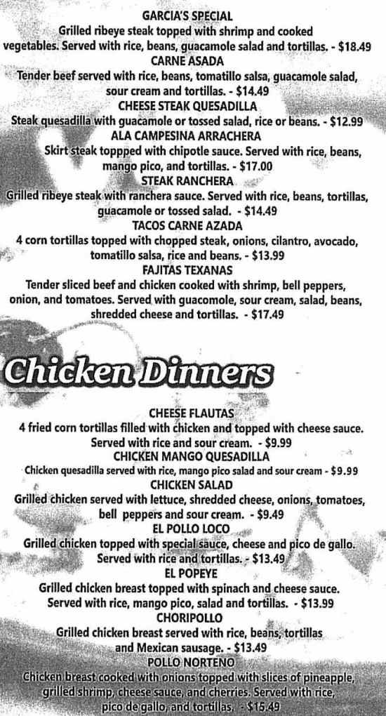 Page 4 of menu, Garcias Mexican in Cortland, NY