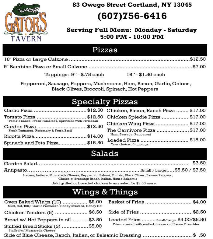 Page 1 of menu, Gator's Tavern in Cortland, NY