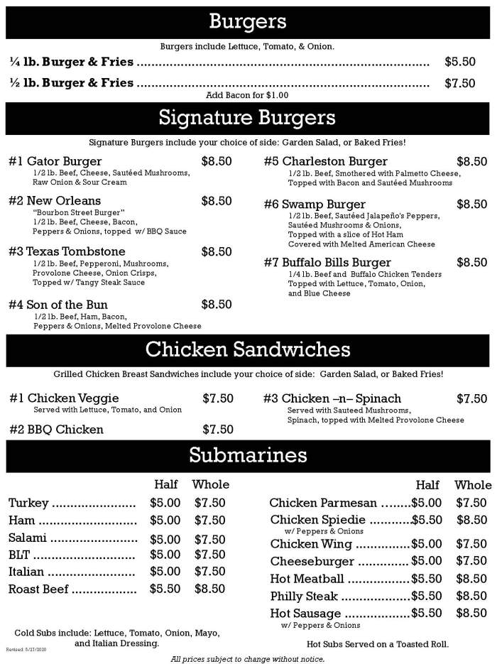 Page 2 of menu, Gator's Tavern in Cortland, NY