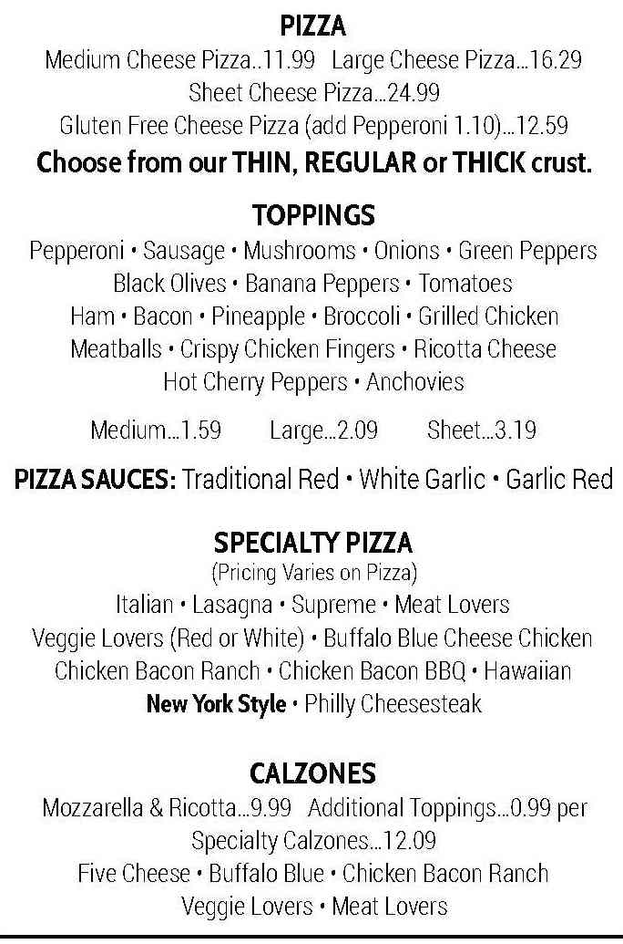 Page 1 of menu, Hometown Pizzeria Groton, NY