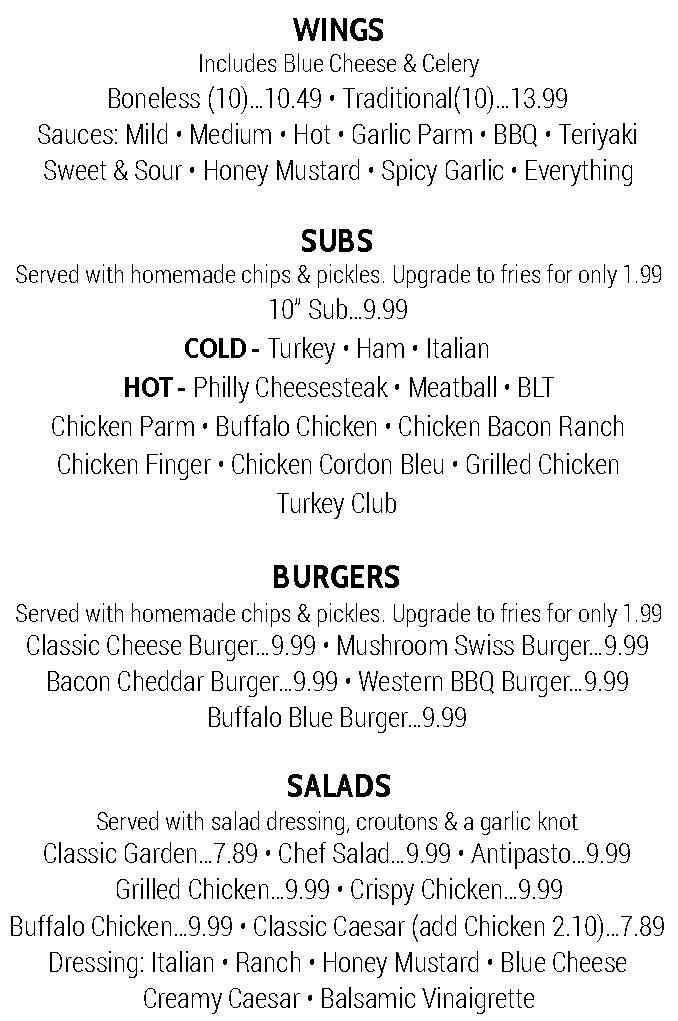 Page 2 of menu, Hometown Pizzeria Groton, NY