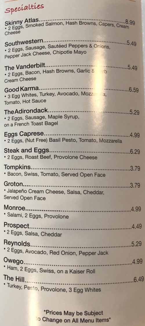 Page 2 of menu, New York Bagel Cafe & Deli Cortland, NY