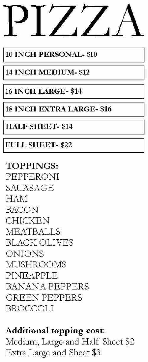 Page 1 of menu, The Pizza Shop McGraw, NY