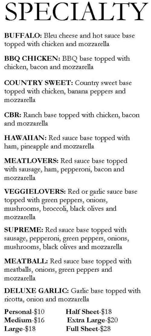 Page 2 of menu, The Pizza Shop McGraw, NY